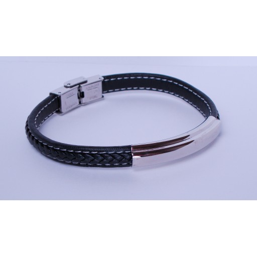 Leather black - white stitching gents bracelet