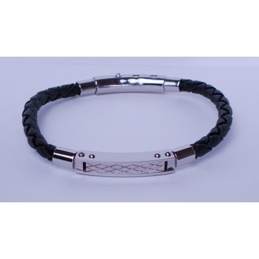 Leather plait & steel gents bracelet
