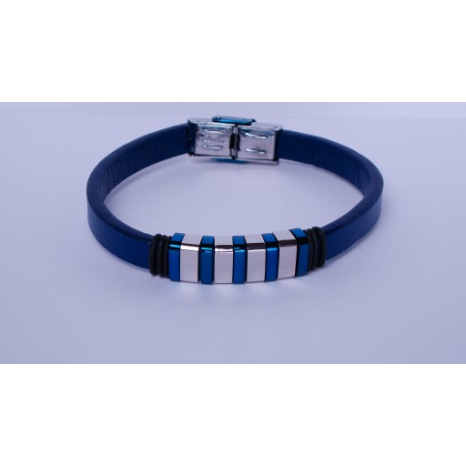 Leather blue & steel bar gents bracelet
