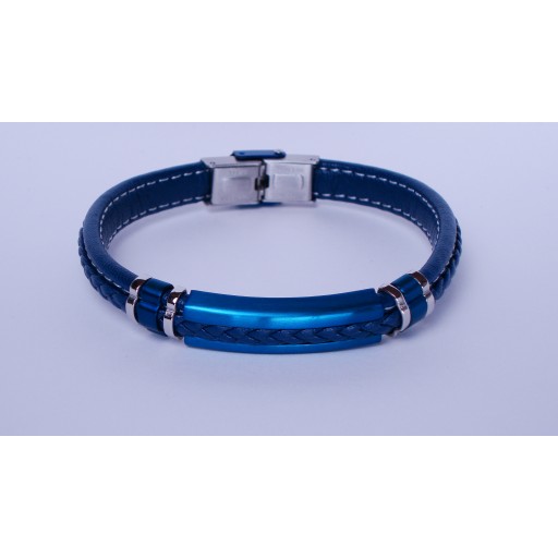 Leather blue - white stiching gents bracelet