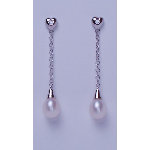 Cultured Pearl and Zirconia Sterling Silver Chain Drop Earrings