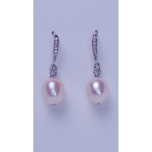 Cultured Pearl, Zirconia and Sterling Silver 10mm Drop Earrings