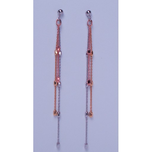 Waterfall Drop Earrings with Oblong Beads in Silver with an Overlay of Three different Golds 