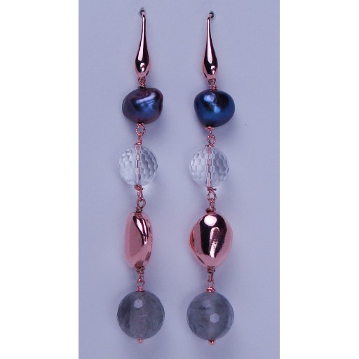 Cultured Black Pearl & Crystal drop earrings with a rose gold overlay