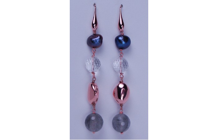 Cultured Black Pearl & Crystal drop earrings with a rose gold overlay