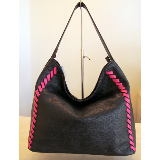 Black Leather Shoulder Bag with Pink Sail Lacing 