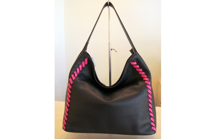 Black Leather Shoulder Bag with Pink Sail Lacing 