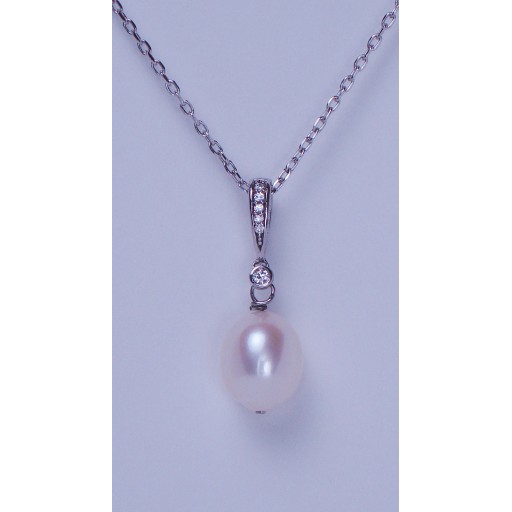 Cultured Pearl and Zirconia 10mm Sterling Silver Pendant Necklace