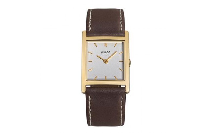 M&M Square Stainless Steel Gold Plated  with Brown Leather Strap