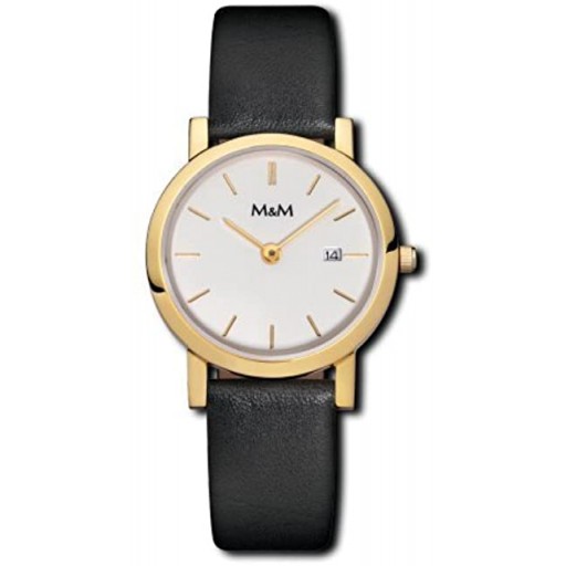 M&M Stainless Steel Round Gold Plated with Black Leather Strap