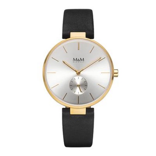 M&M Stainless Steel Gold Plated matt with Black Leather Strap