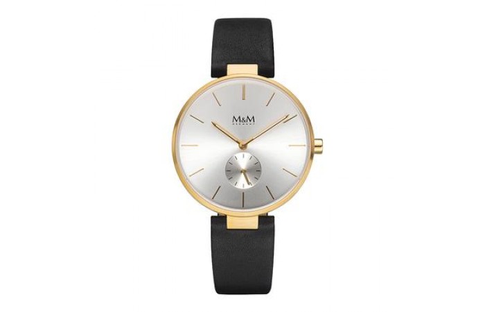 M&M Stainless Steel Gold Plated matt with Black Leather Strap